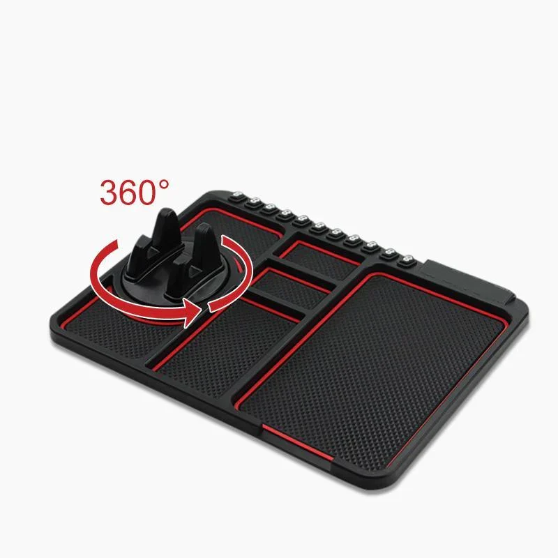 Anti-slip pad with cell phone holder to hold small objects and complimentary number plate