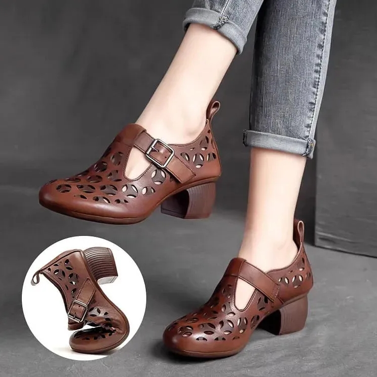 Thick Bottom Sandals Casual Leather Single Shoes Women's Hollow Shoes