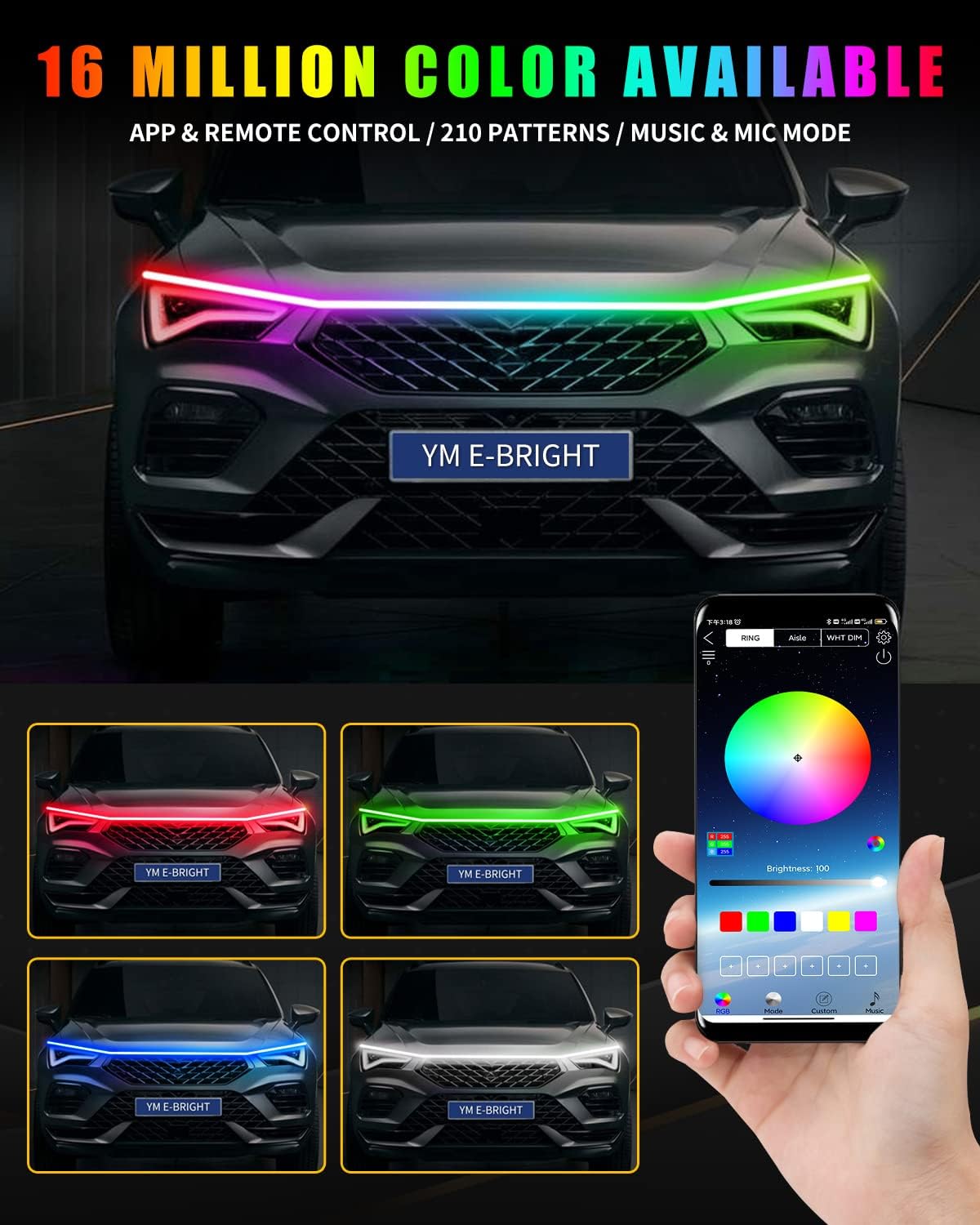 Car LED Light Exterior RGB Hood Light Bar