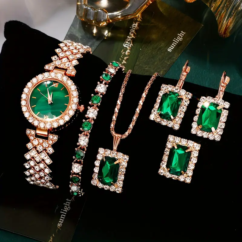 New Diamond Set Replica Green Green Face &amp; Jewelry Set - 6 Pieces